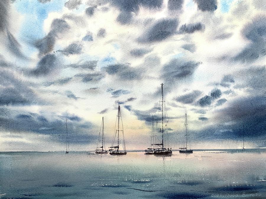 Yachts at anchor #5 Painting by Eugenia Gorbacheva | Fine Art America