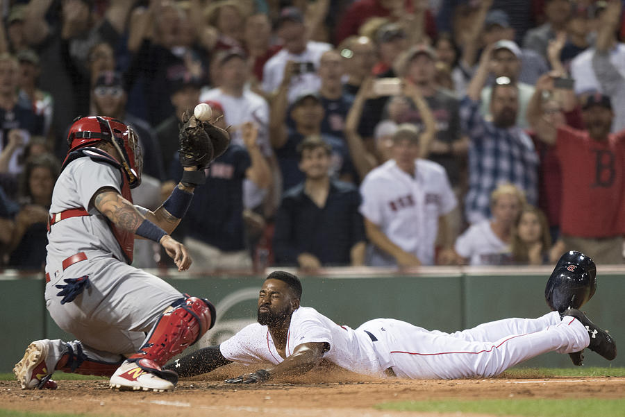 Yadier Molina and Jackie Bradley Photograph by Michael Ivins/Boston Red Sox