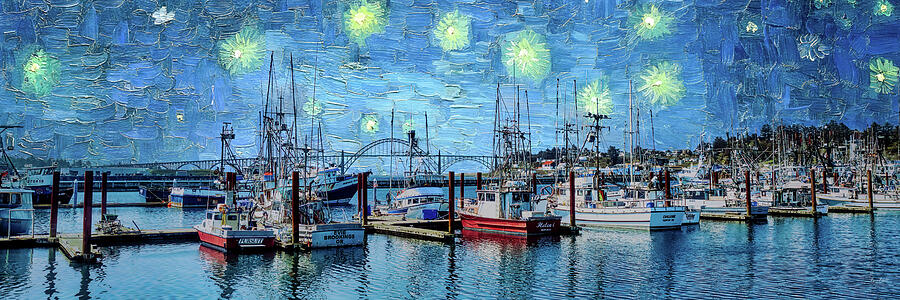 Yaquina Bay Marina with Van Goghs Starry Night Sky Digital Art by Bruce Block Yaquina Bay Marina with Van Goghs Starry Night Sky Digital Art by Bruce Block