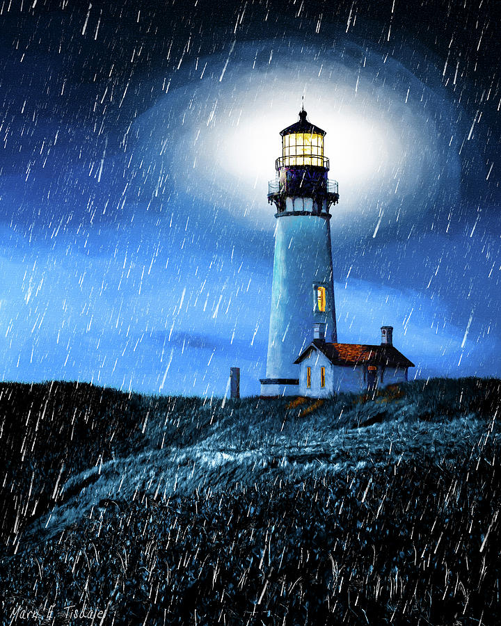 Yaquina Head Light On A Rainy Night Mixed Media by Mark Tisdale