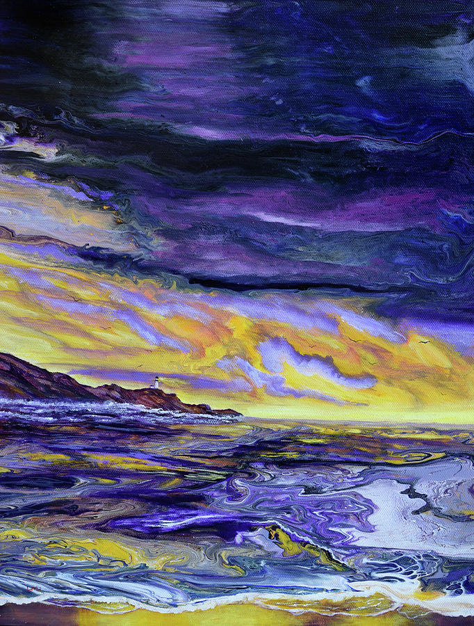 Yaquina Head Lighthouse in Purple Sunset Painting by Laura Iverson
