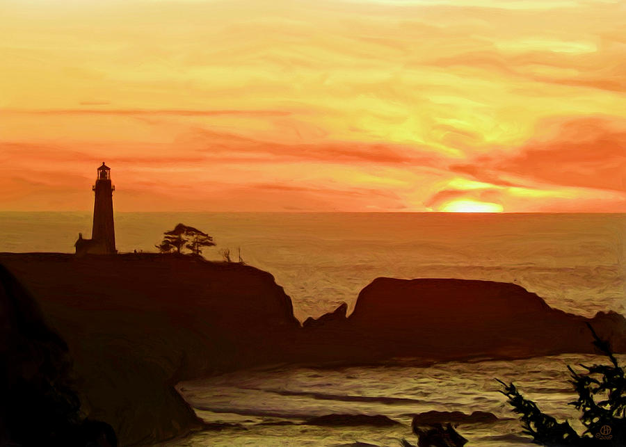 Yaquina Head Lighthouse Sunset Digital Art by Gary Olsen-Hasek
