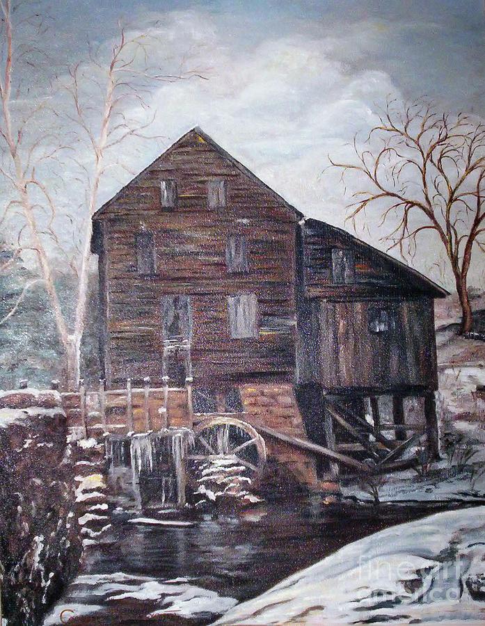 Yates Mill in Winter in Raleigh , North Carolina Painting by Catherine Ludwig Donleycott