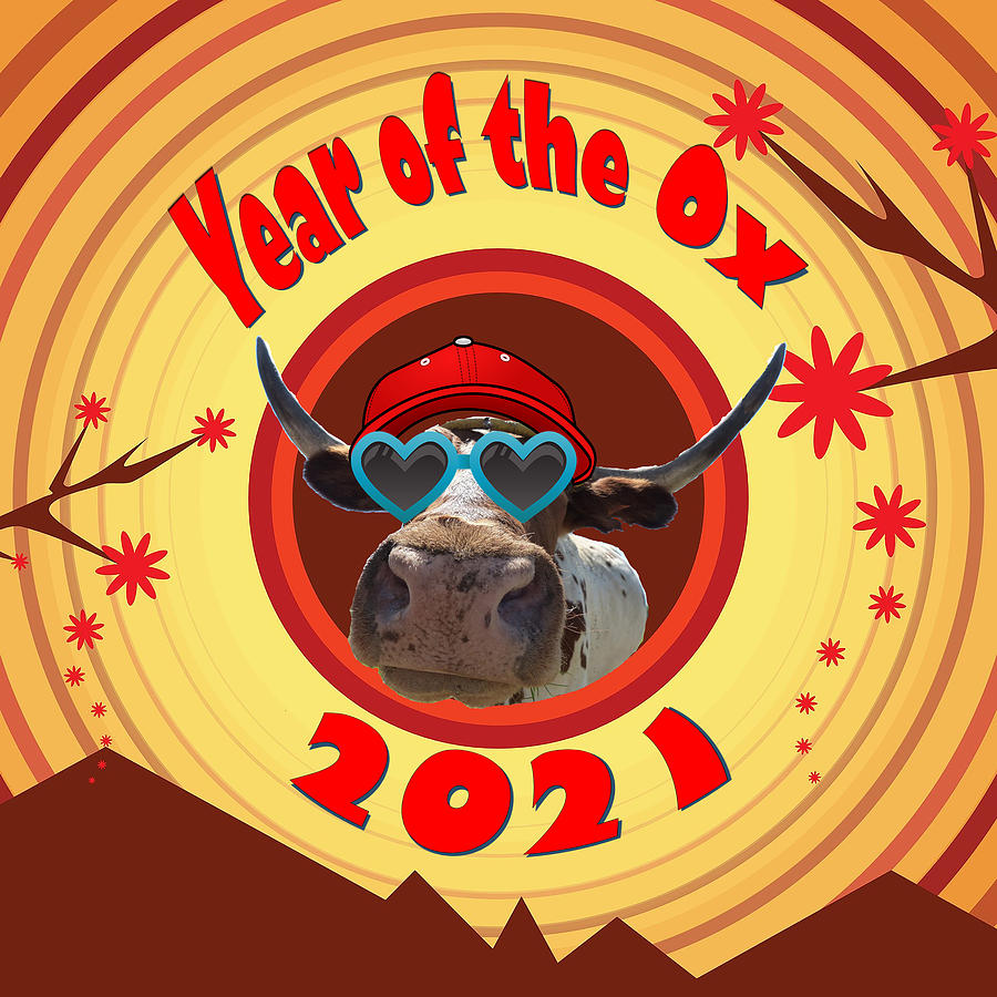 Year of the Ox with Red Hat and Heart Shaped Sunglasses Digital Art by Ali Baucom