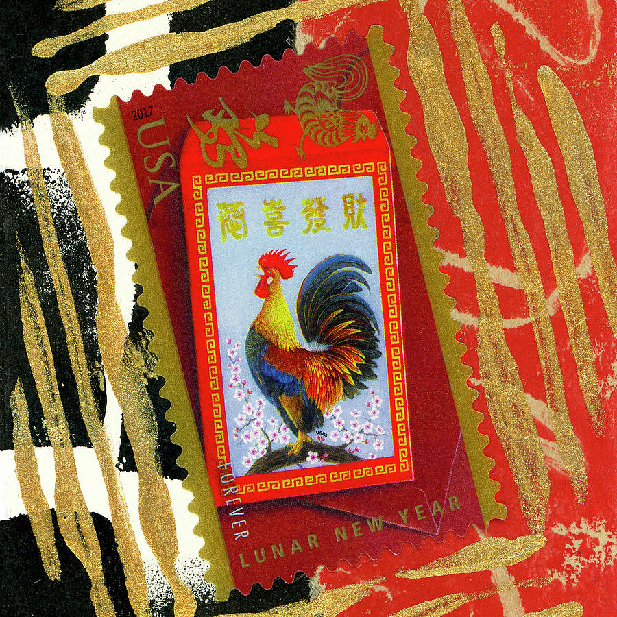 Year of the Rooster Square Version Mixed Media by Carol Leigh