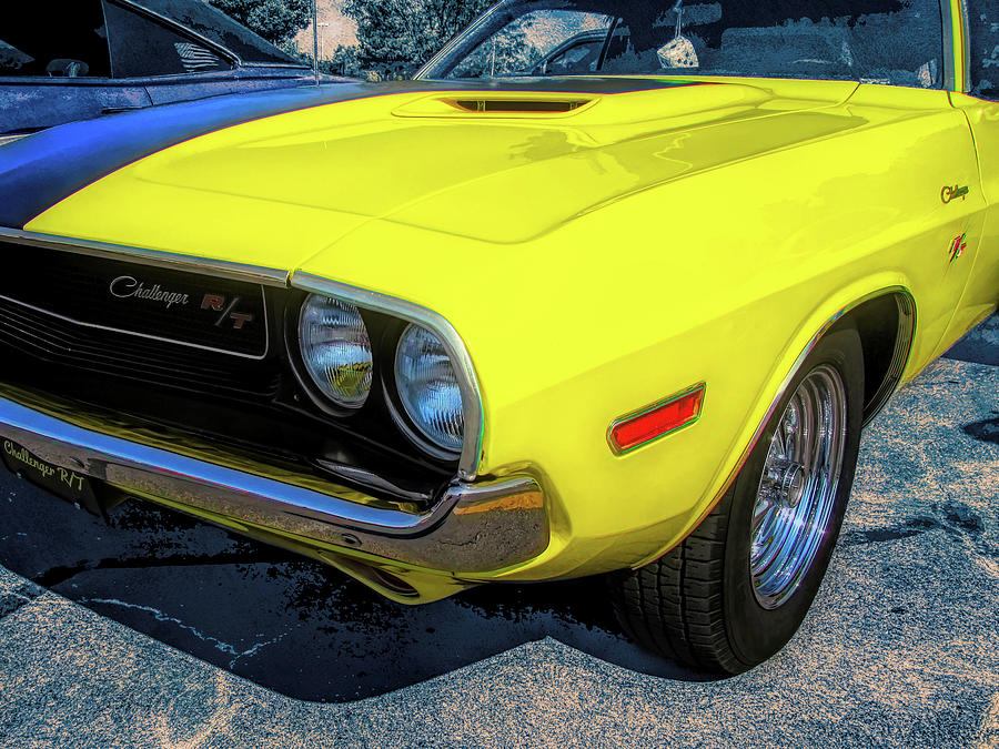 Yellow 1970 Dodge Challenger Front Corner Photograph by DK Digital