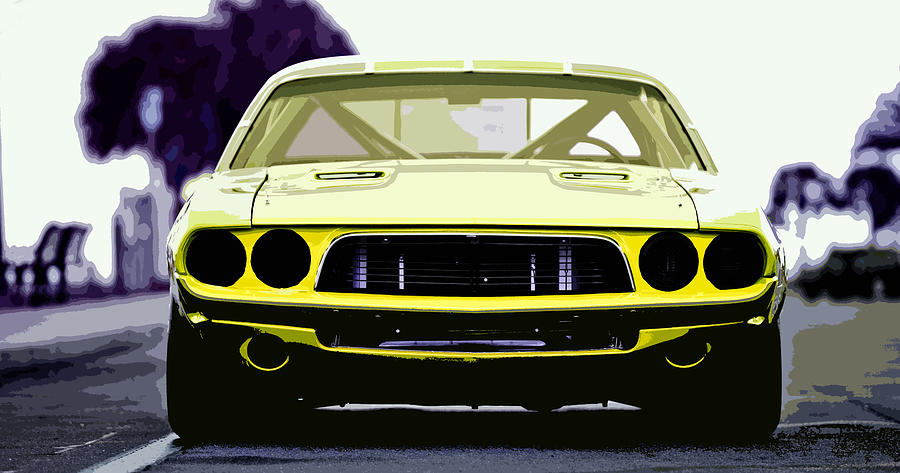 Car Digital Art - Yellow 1973 Dodge Challenger Race Car by Thespeedart