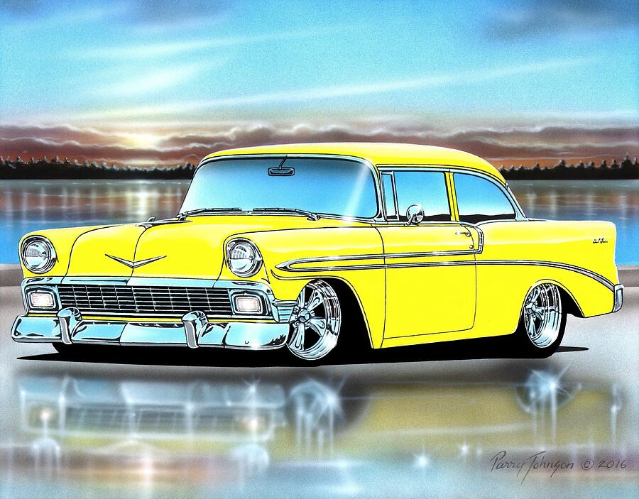 Yellow 56 Chevy Bel Air Sedan Painting by Parry Johnson