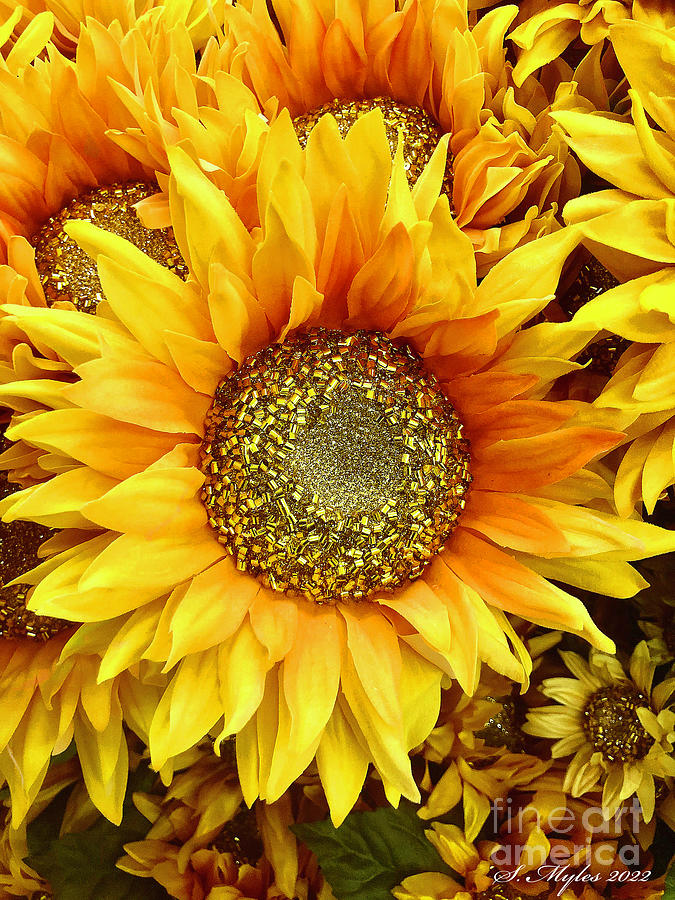 Yellow and gold sunflower Autumn delightful flowers Painting by Saundra Myles
