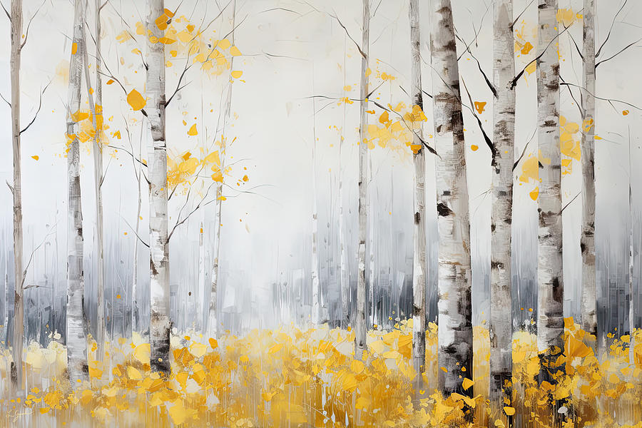 Yellow Painting - Yellow and Gray Birch Trees by Lourry Legarde