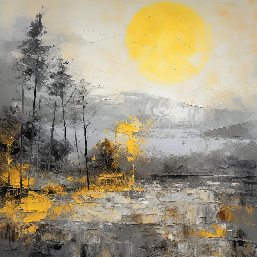 Yellow and Gray Landscapes - Impressionist Modern Moonlit Painting by Lourry Legarde