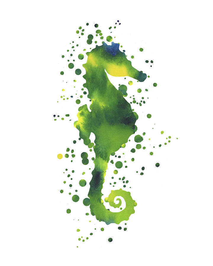 Yellow And Green Seahorse Watercolor Silhouette With Dots Painting
