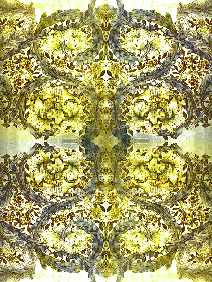 Yellow and Grey Floral Design Mixed Media by Lorena Cassady