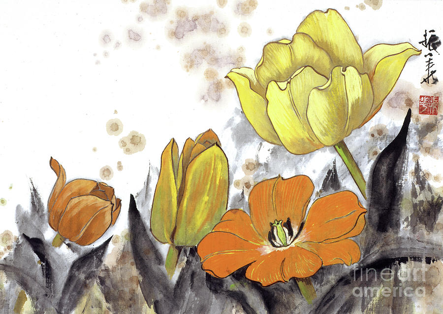 Yellow And Orange Tulips Painting by Wang Zhenhua