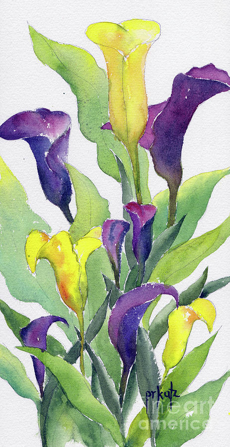 Yellow And Purple Calla Lilies Painting by Pat Katz
