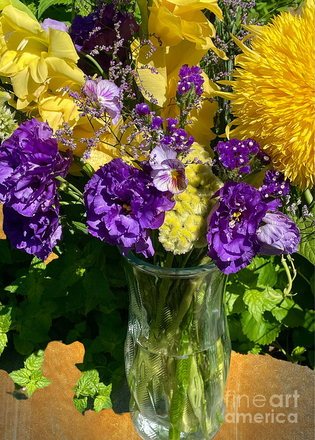 Yellow and Purple Flowers in Vase with Gold Textures Photograph by Carol Groenen