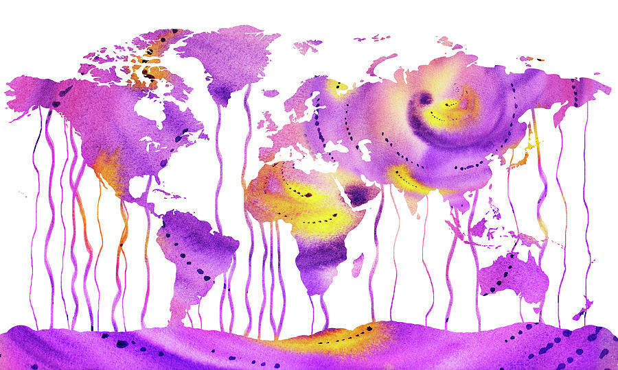 Yellow And Purple Gorgeous Watercolor World Map Silhouette  Painting by Irina Sztukowski