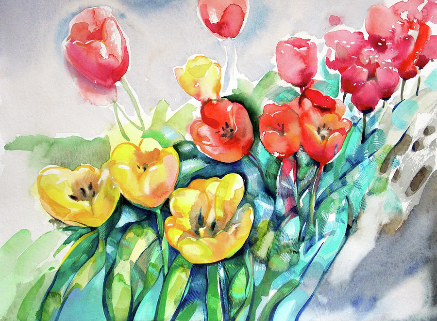 Yellow and red tulips Painting by Katya Atanasova