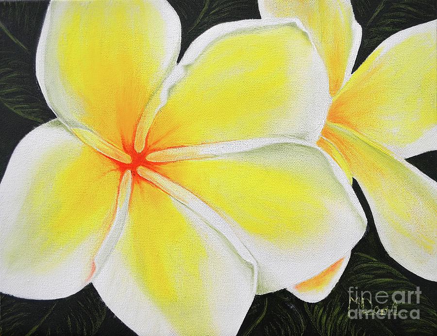 Yellow and White Plumeria Blossom Painting by Mary Deal