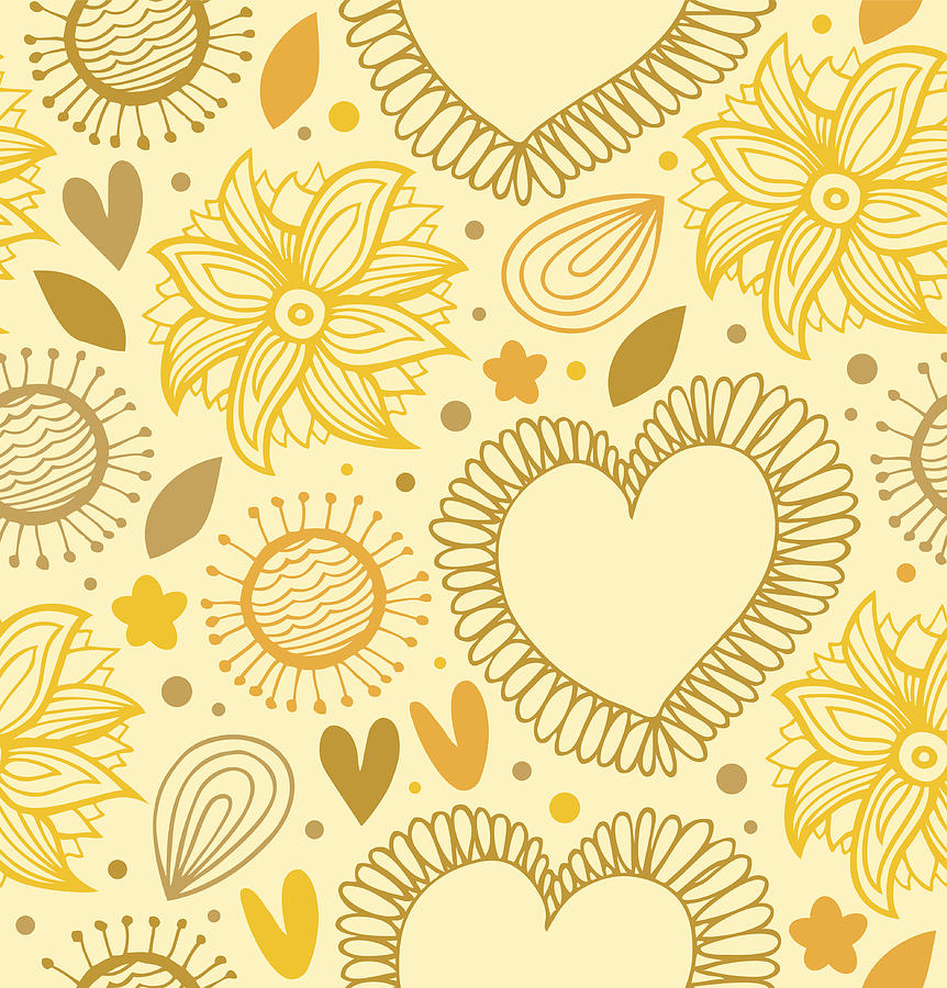 Yellow Backdrop With Hearts And Flowers Drawing by Silmen