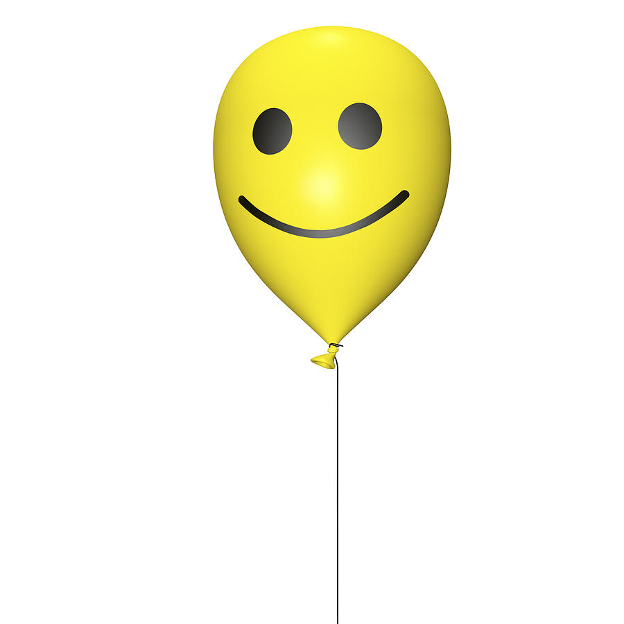 Yellow balloon with cord and smiley on white Photograph by Artpartner-images