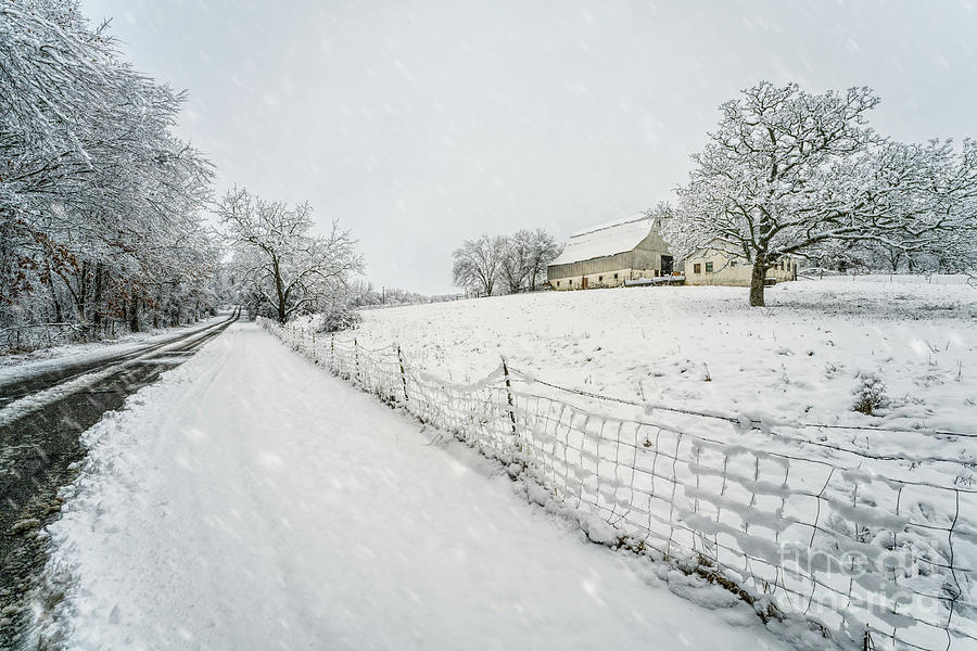 Yellow Barn And Country Road Winter Snow Photograph by Jennifer White