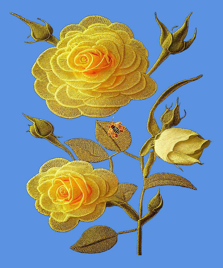 Yellow Bee and Rose in Bloom Mixed Media by Lena Owens - OLena Art Vibrant Palette Knife and Graphic Design