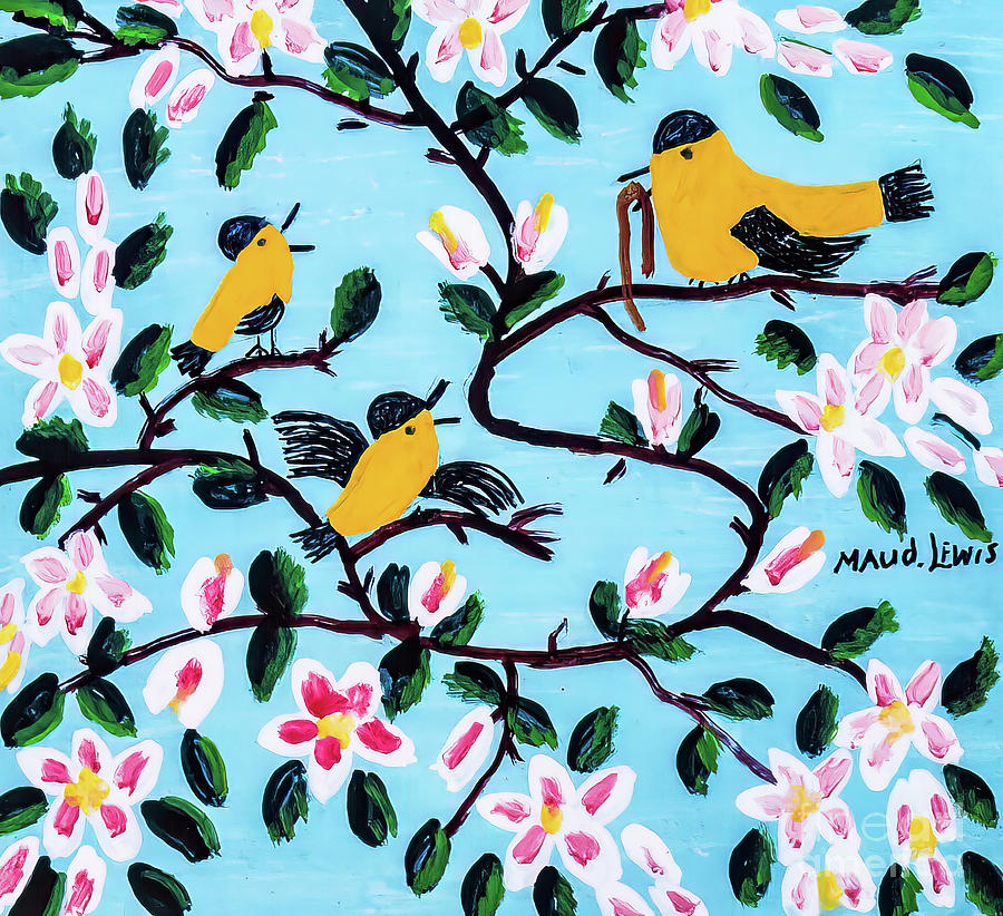 Yellow Birds and Apple Blossoms by Maud Lewis 1967 Painting by Maud Lewis