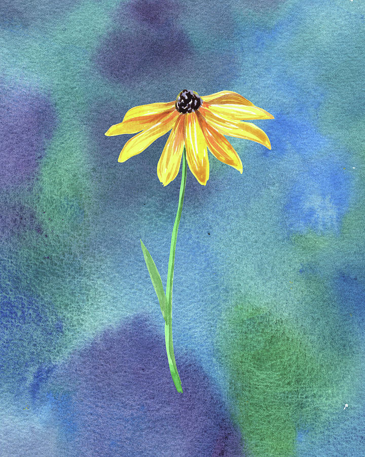 Yellow Black Eyed Susan Flower On Blue Emerald Watercolor II Painting by Irina Sztukowski