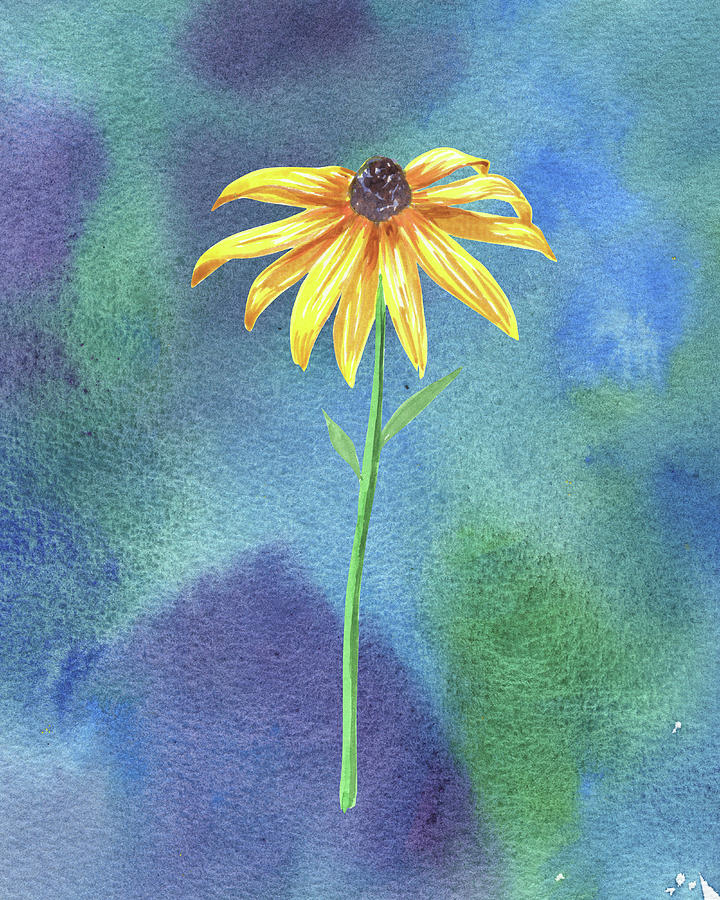 Yellow Black Eyed Susan Flower On Blue Emerald Watercolor III Painting by Irina Sztukowski