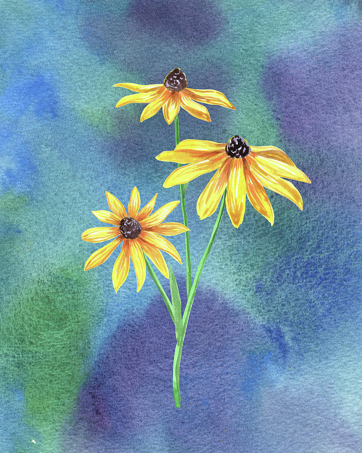 Yellow Black Eyed Susan Flowers On Blue Emerald Watercolor I Painting by Irina Sztukowski