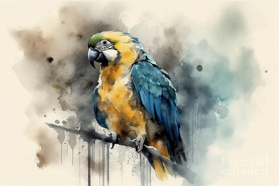Wildlife Painting - Yellow-blue parrot. Watercolor background by N Akkash