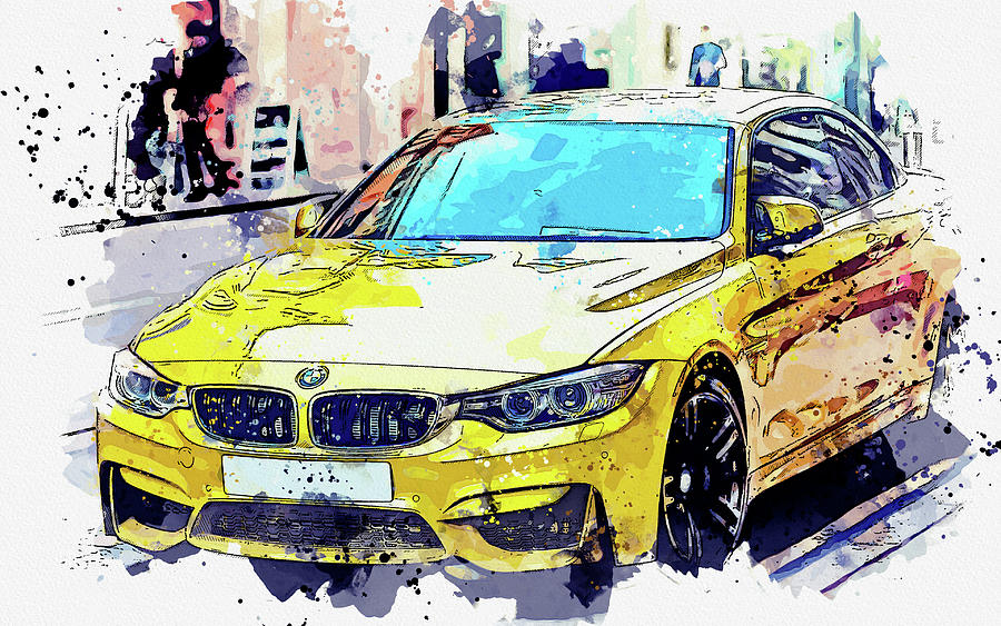 Yellow BMW  - Watercolor ca 2020 by Ahmet Asar Digital Art by Celestial Images