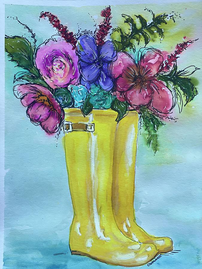 Watercolor Painting - Yellow Boots of Sunshine by Estrella Gerwin