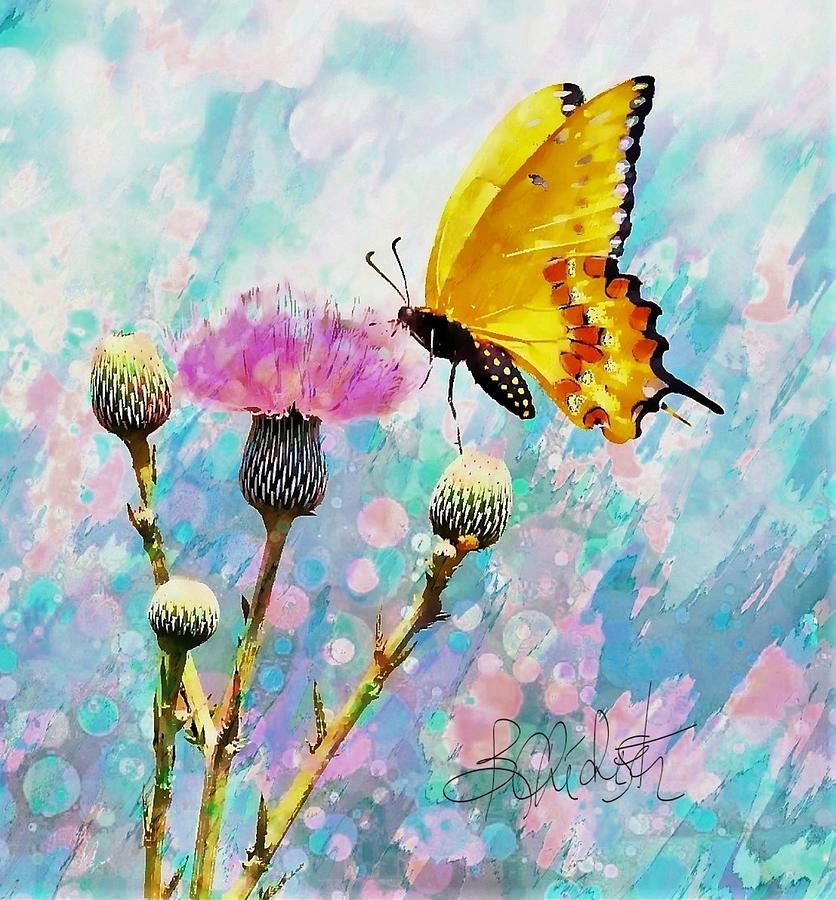 Yellow Butterfly On Thistle Painting by Barbara Chichester