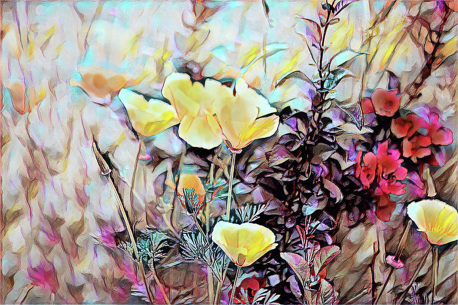 Yellow California poppies and red flowers Painting by Patricia Piotrak