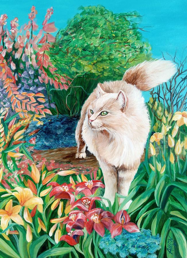Yellow Cat in Garden painting Sonya Allen Painting by Sonya Allen