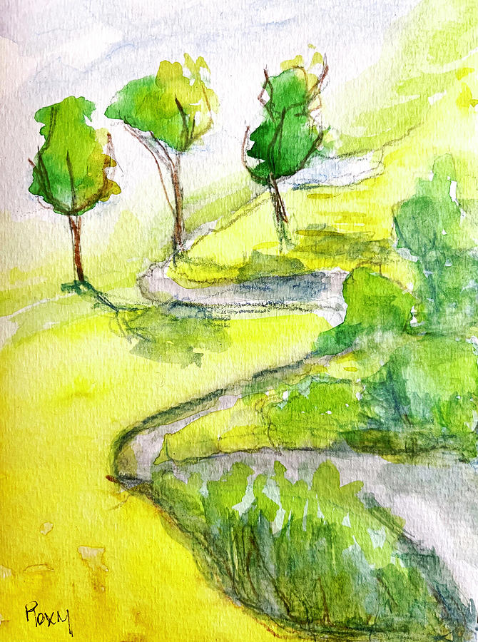 Yellow Countryside Watercolor Landscape Painting by Roxy Rich