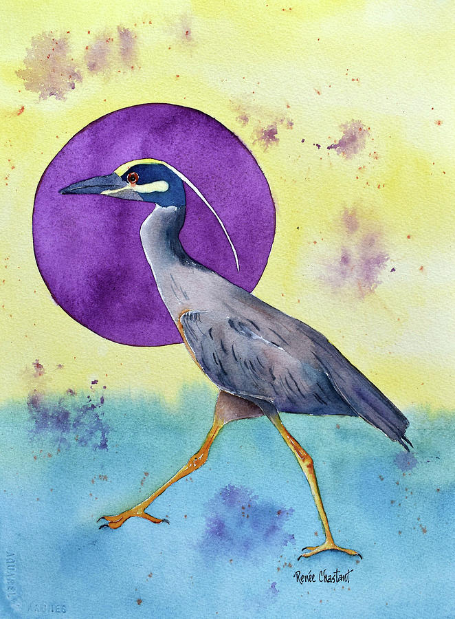 Heron Painting - Yellow Crown, Purple Moon by Renee Chastant