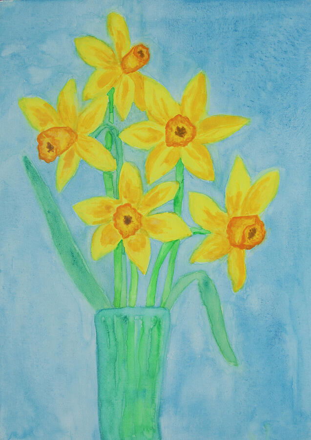 Yellow daffodiles on blue background watercolor painting Painting by Irina Afonskaya