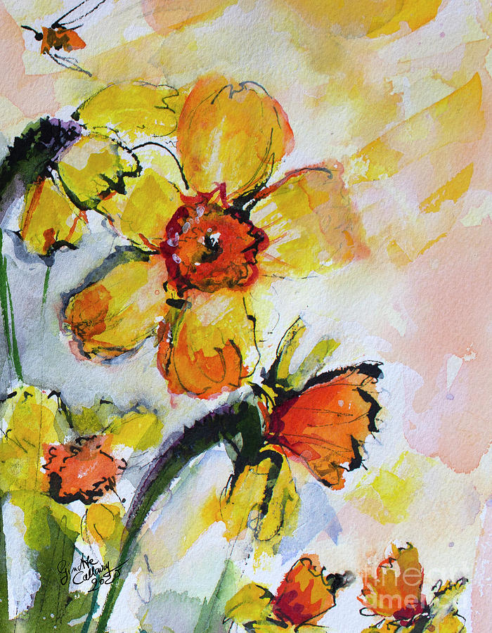 Yellow Daffodils and Bees 1 Painting by Ginette Callaway