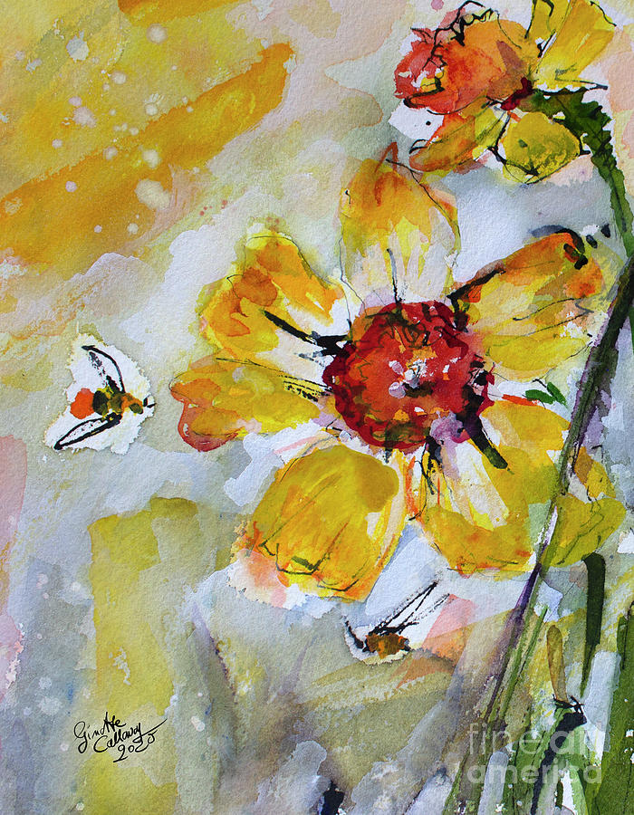 Flower Painting - Yellow Daffodils and Bees 2 Watercolor Painting  by Ginette Callaway