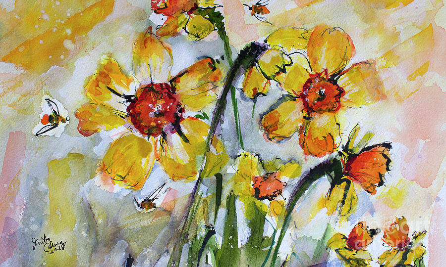 Yellow Daffodils and Bees 3 Watercolor Painting  Painting by Ginette Callaway