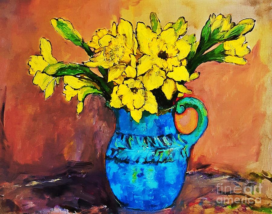 Yellow daffodils in a blue ceramic vase Painting by Amalia Suruceanu