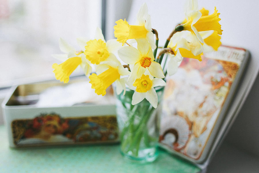 Yellow daffodils in a vase next to a tin Photograph by Honey_and_milk