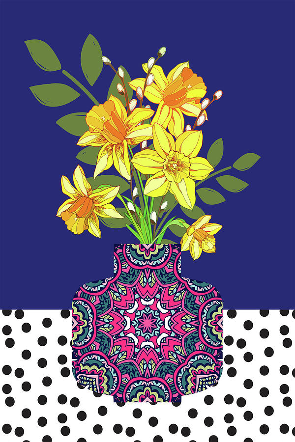 Yellow Daffodils in Patterned Vase Digital Art by Tracy-Ann Marrison