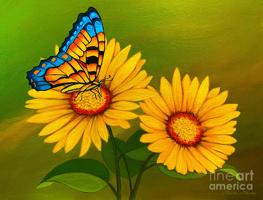 Sunflowers and Butterfly Painting by Martys Royal Art