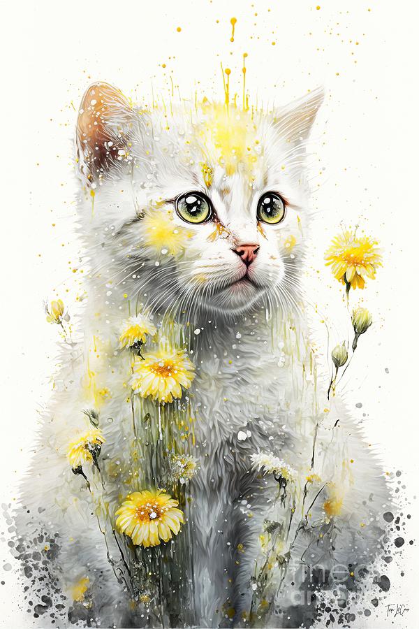 Cat Painting - Yellow Daisy Kitten by Tina LeCour