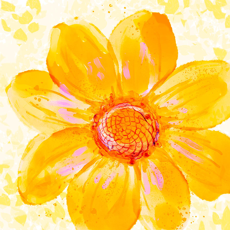 Yellow Daliah Marigold Flower in Watercolor Painting by Patricia Awapara