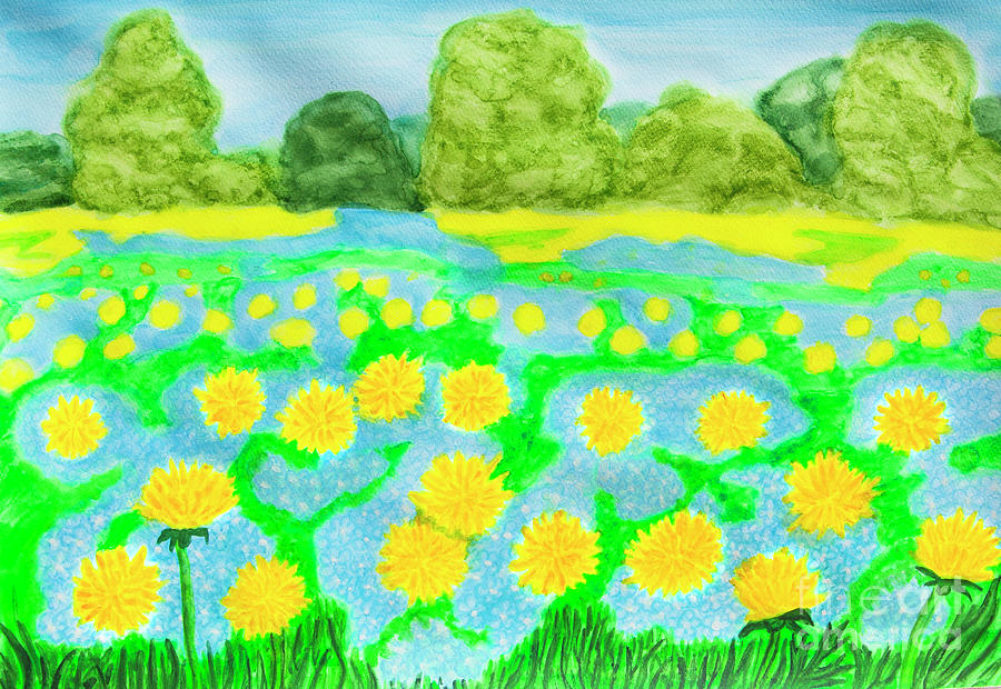 Yellow dandelions and blue myosotis - forget-me-nots Painting by Irina Afonskaya